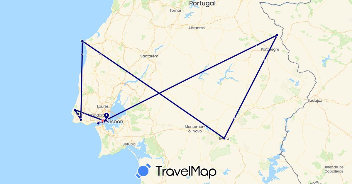 TravelMap itinerary: driving, train, hiking in Portugal (Europe)